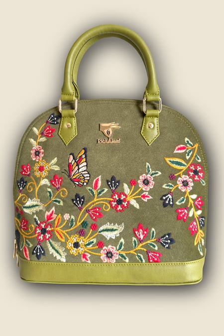 PickAleaf_Olive Green Embroidery Handbag _at_Aza_Fashions