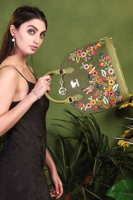 Buy_PickAleaf_Olive Green Embroidery Handbag 