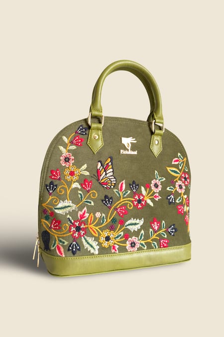 PickAleaf_Olive Green Embroidery Waves Handbag _Online_at_Aza_Fashions