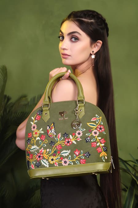 Buy_PickAleaf_Olive Green Embroidery Waves Handbag _Online_at_Aza_Fashions