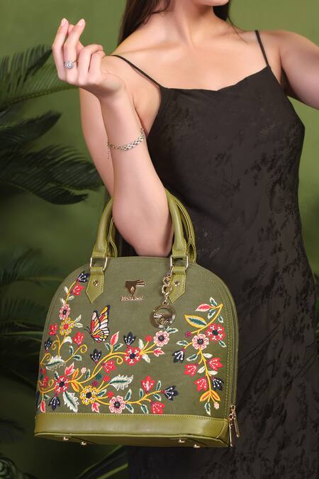 Shop_PickAleaf_Olive Green Embroidery Waves Handbag _Online_at_Aza_Fashions