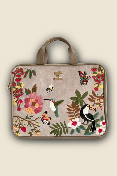 Buy_PickAleaf_Beige Embroidered Suede Velvet Laptop Bag _Online_at_Aza_Fashions