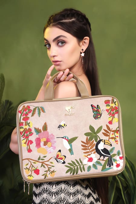 Shop_PickAleaf_Beige Embroidered Suede Velvet Laptop Bag _Online_at_Aza_Fashions