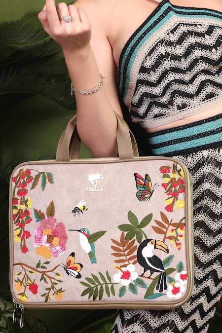 Shop_PickAleaf_Beige Embroidered Suede Velvet Laptop Bag 