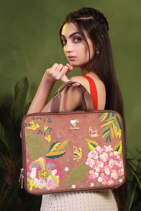 PickAleaf Brown Blossom Wood Designer Laptop Bag Online at Aza Fashions PickAleaf_Brown Blossom Wood Designer Laptop Bag _Online_at_Aza_Fashions