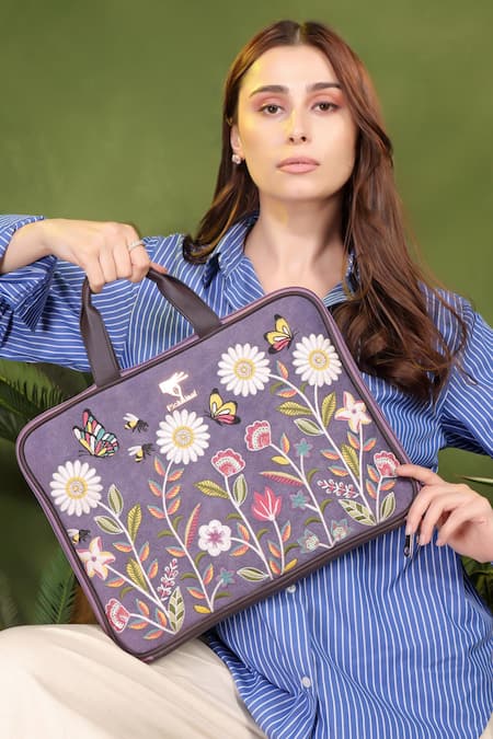 PickAleaf_Purple Daisy Dream Embroidered Laptop Bag _at_Aza_Fashions