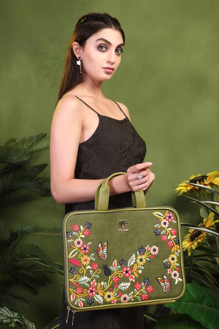 PickAleaf_Olive Green Waves Designer Laptop Bag _Online_at_Aza_Fashions
