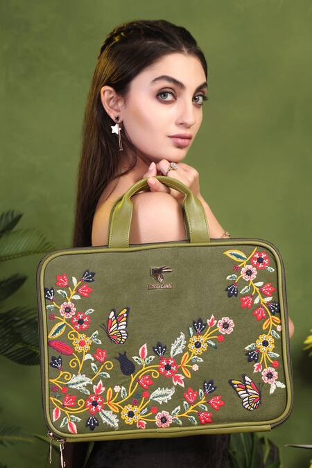 Buy_PickAleaf_Olive Green Waves Designer Laptop Bag _Online_at_Aza_Fashions