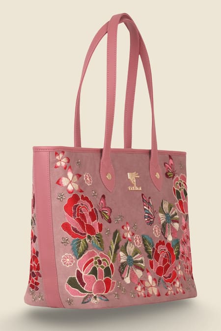 PickAleaf_Pink Embroidery Vegan Leather Tote Bag _Online_at_Aza_Fashions