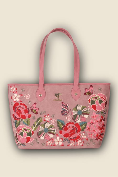 Buy_PickAleaf_Pink Embroidery Vegan Leather Tote Bag _Online_at_Aza_Fashions
