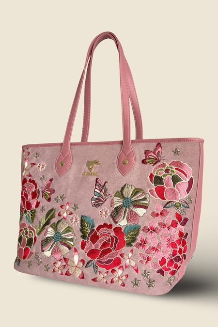 Shop_PickAleaf_Pink Embroidery Vegan Leather Tote Bag _Online_at_Aza_Fashions