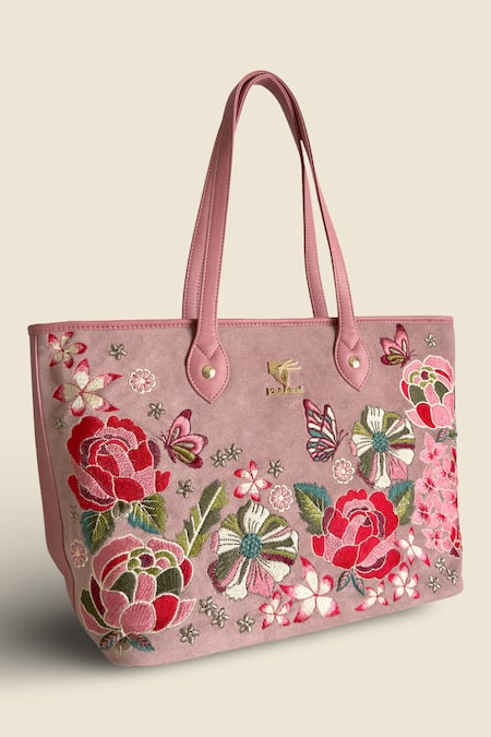 PickAleaf_Pink Embroidery Vegan Leather Tote Bag _at_Aza_Fashions