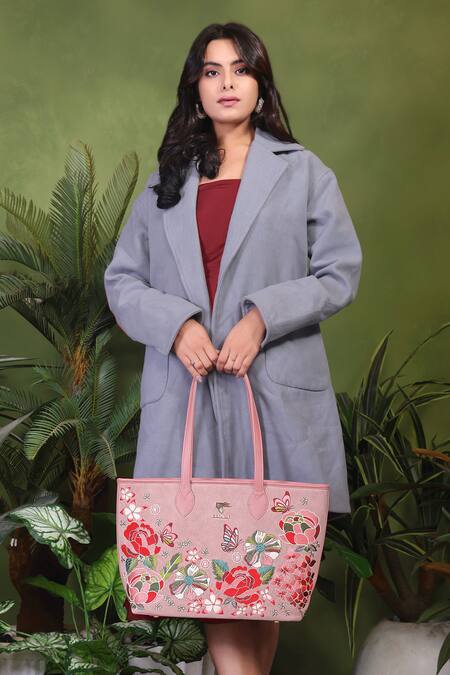 Buy_PickAleaf_Pink Embroidery Vegan Leather Tote Bag 