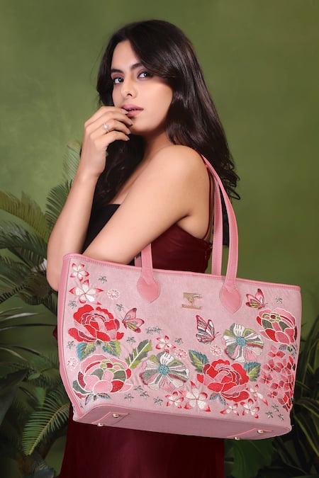 PickAleaf Pink Embroidery Vegan Leather Tote Bag 