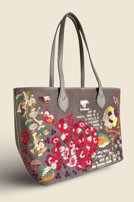 PickAleaf_Gray Embroidery Vegan Leather Tote Bag _Online_at_Aza_Fashions