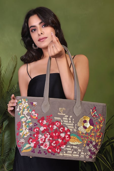 PickAleaf Gray Embroidery Vegan Leather Tote Bag 