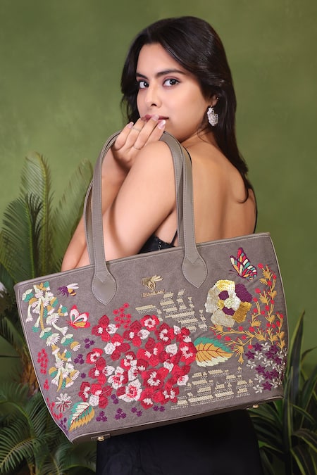 Shop_PickAleaf_Gray Embroidery Vegan Leather Tote Bag _Online_at_Aza_Fashions