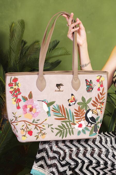 PickAleaf_Beige Embroidery Mystic Garden Tote Bag _at_Aza_Fashions
