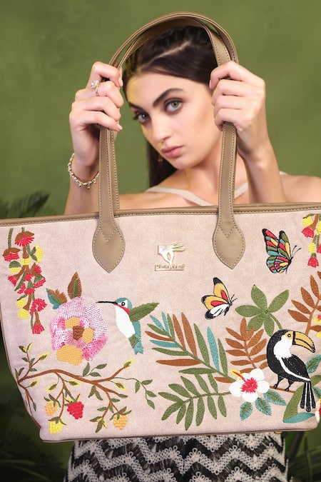 Shop_PickAleaf_Beige Embroidery Mystic Garden Tote Bag 