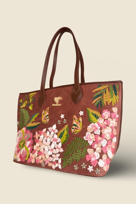 PickAleaf_Brown Embroidery Blossom Wood Tote Bag _Online_at_Aza_Fashions