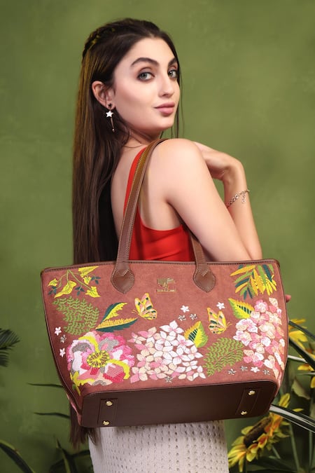 PickAleaf Brown Embroidery Blossom Wood Tote Bag 