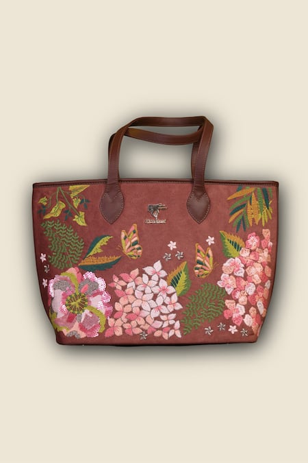 Buy_PickAleaf_Brown Embroidery Blossom Wood Tote Bag 