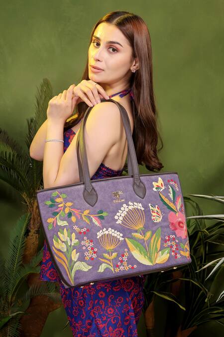 PickAleaf_Purple Embroidery Violet Valley Tote Bag _Online_at_Aza_Fashions