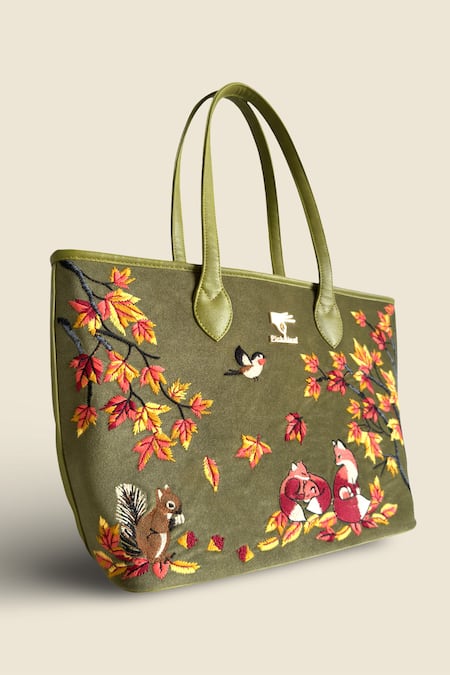 Shop_PickAleaf_Olive Green Embroidery Autumn Whisper Tote Bag _Online_at_Aza_Fashions
