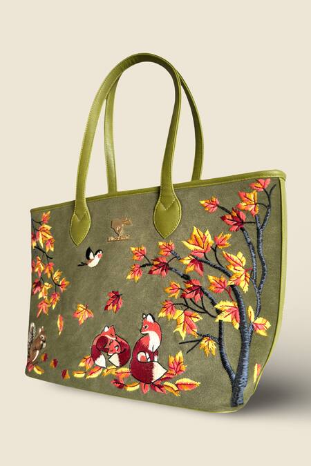 Buy_PickAleaf_Olive Green Embroidery Autumn Whisper Tote Bag 