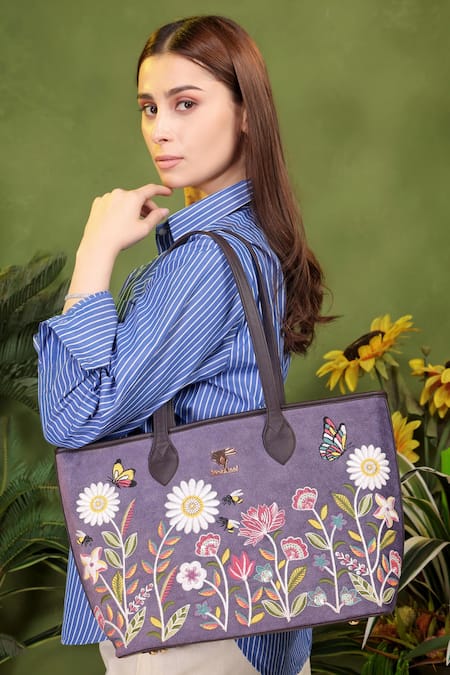PickAleaf_Purple Embroidery Daisy Dream Tote Bag _Online_at_Aza_Fashions