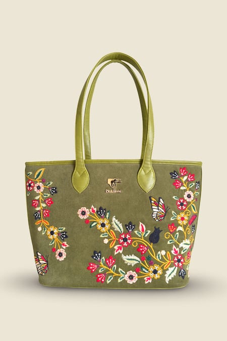 PickAleaf Olive Waves Embroidered Tote Bag 