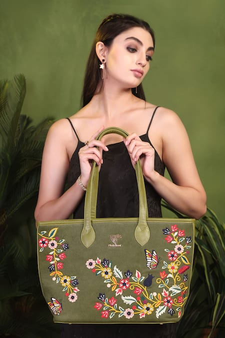 PickAleaf Olive Green Embroidery Waves Tote Bag 