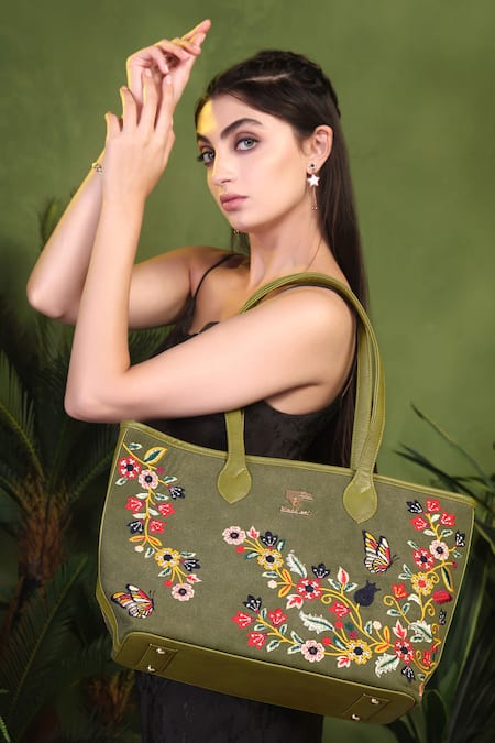 PickAleaf_Olive Green Embroidery Waves Tote Bag _Online_at_Aza_Fashions