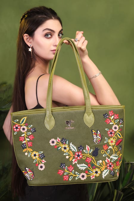 Shop_PickAleaf_Olive Green Embroidery Waves Tote Bag _Online_at_Aza_Fashions