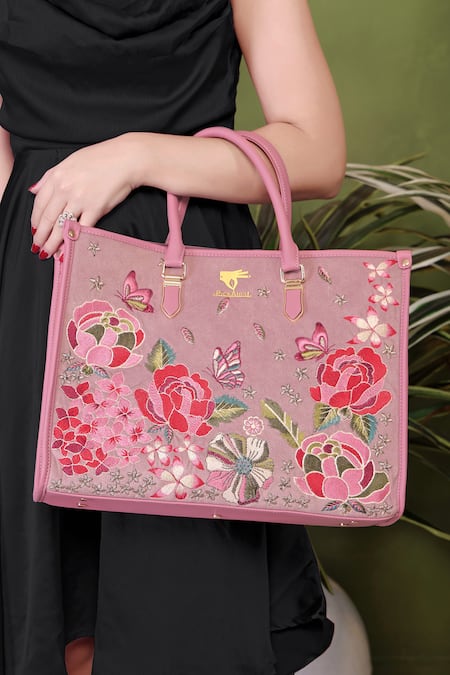 Shop_PickAleaf_Pink Embroidery Vegan Leather Shoulder Bag _Online_at_Aza_Fashions