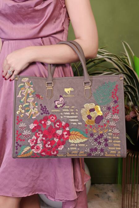 Shop_PickAleaf_Gray Embroidery Garden Grey Shoulder Bag _Online_at_Aza_Fashions