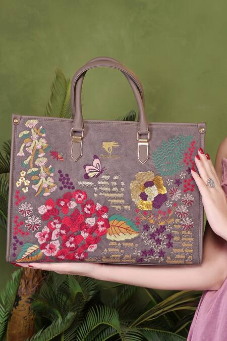 PickAleaf_Gray Embroidery Garden Grey Shoulder Bag _at_Aza_Fashions