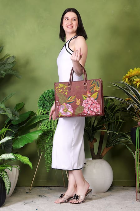 Buy_PickAleaf_Brown Embroidery Blossom Wood Shoulder Bag _Online_at_Aza_Fashions