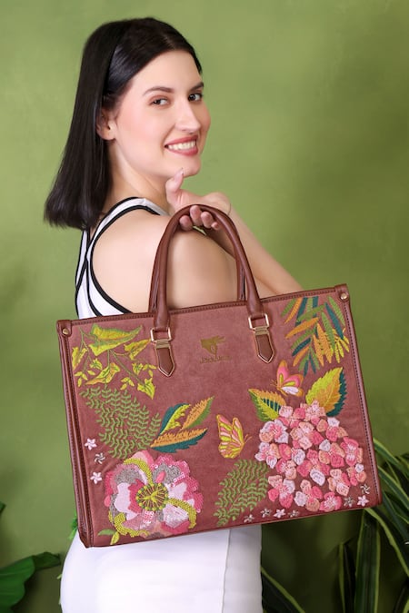 Shop_PickAleaf_Brown Embroidery Blossom Wood Shoulder Bag _Online_at_Aza_Fashions