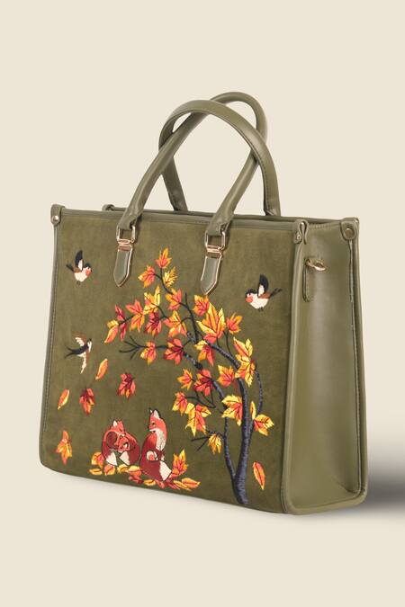 PickAleaf_Olive Green Embroidery Autumn Whisper Shoulder Bag _Online_at_Aza_Fashions