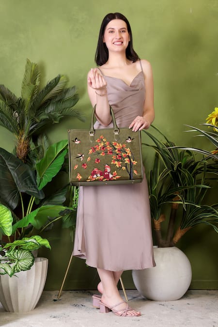 Shop_PickAleaf_Olive Green Embroidery Autumn Whisper Shoulder Bag _Online_at_Aza_Fashions