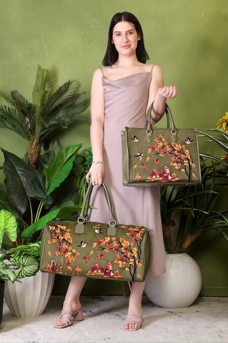 Buy_PickAleaf_Olive Green Embroidery Autumn Whisper Shoulder Bag 