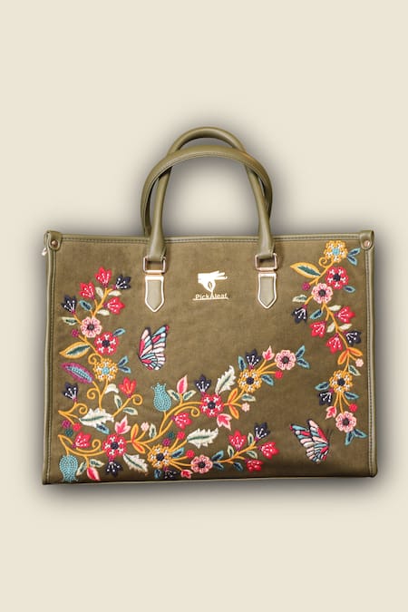 PickAleaf_Olive Green Embroidery Waves Shoulder Bag _Online_at_Aza_Fashions