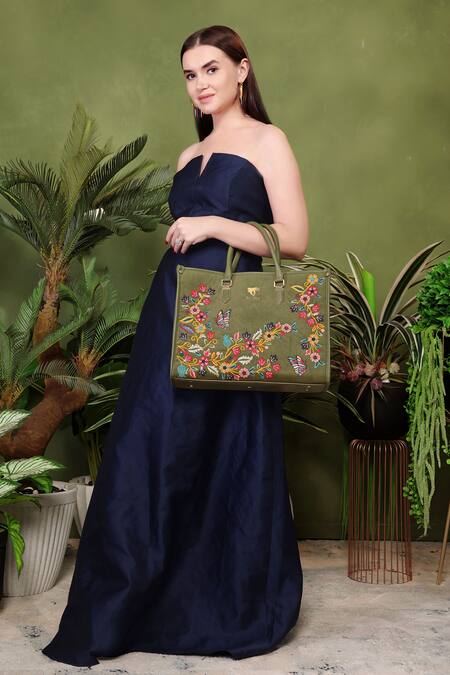 Buy_PickAleaf_Olive Green Embroidery Waves Shoulder Bag _Online_at_Aza_Fashions