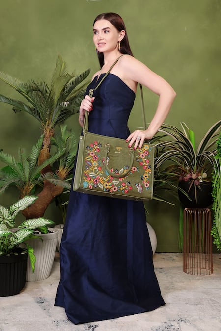 Shop_PickAleaf_Olive Green Embroidery Waves Shoulder Bag _Online_at_Aza_Fashions