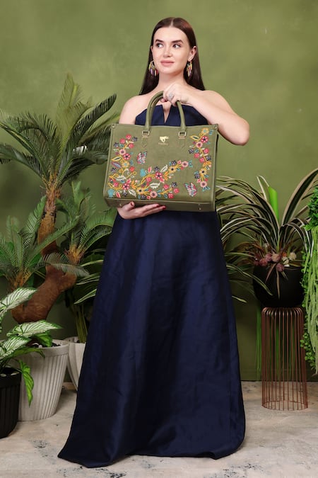 PickAleaf_Olive Green Embroidery Waves Shoulder Bag _at_Aza_Fashions