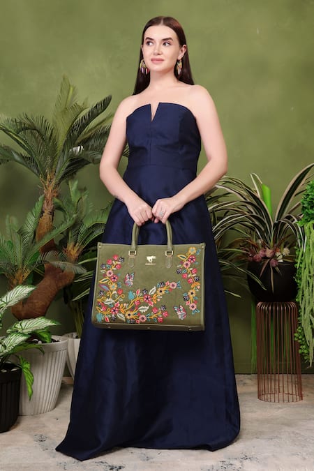 Buy_PickAleaf_Olive Green Embroidery Waves Shoulder Bag 
