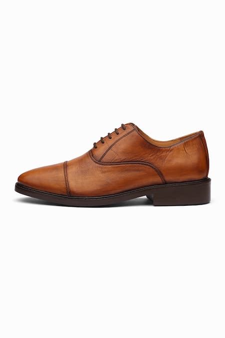 Dapper Shoes_Tan Cap Toe Oxford Distressed Patina Shoes _Online_at_Aza_Fashions