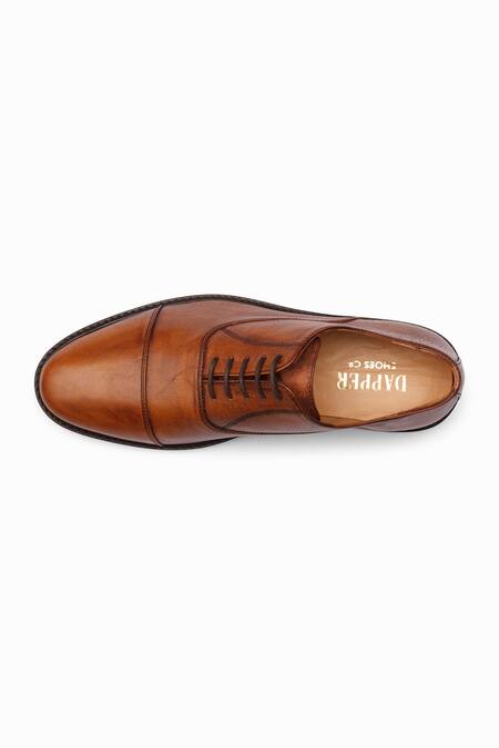 Dapper Shoes_Tan Cap Toe Oxford Distressed Patina Shoes _at_Aza_Fashions