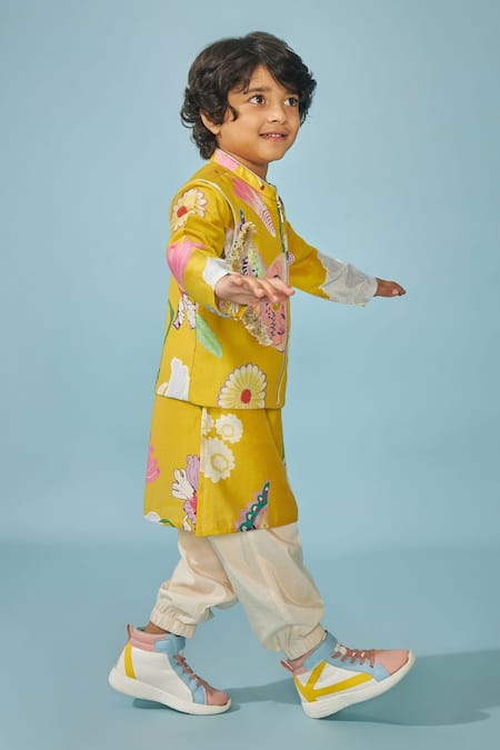 Joey & Pooh_Yellow Chanderi, Cotton, Viscose Embroidery Designer Kurta Set _Online_at_Aza_Fashions
